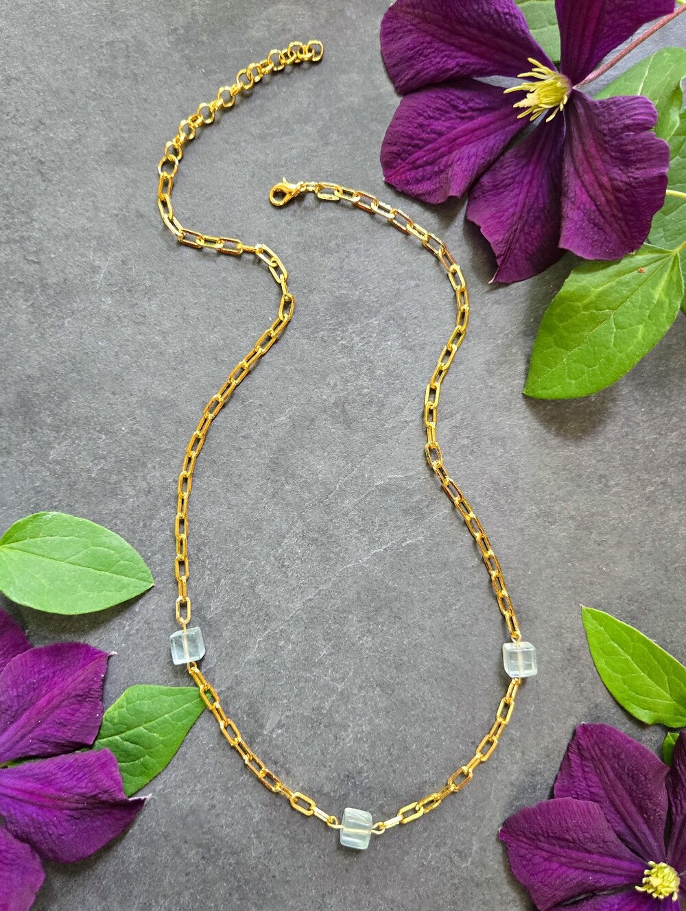 NWT Artisan-Made 24k Gold Plated 3 Fluorite Stone Paperclip Necklace